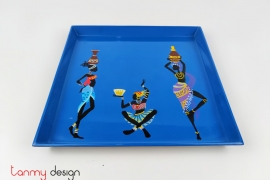 Small blue square lacquer tray hand-painted with 3 girls 22 cm